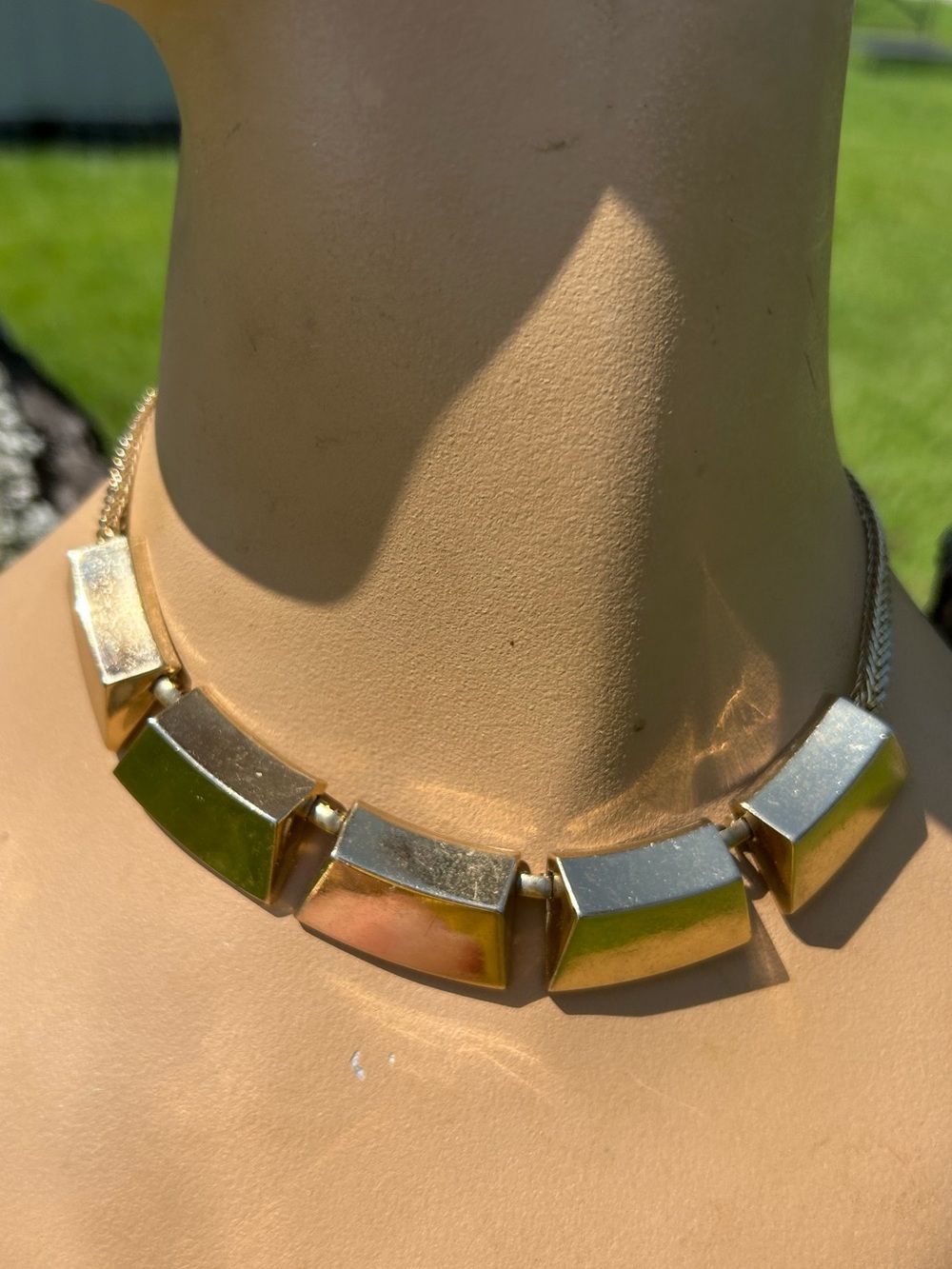 Vintage Gold Tone Geometric Statement Choker Necklace Brushed Metal Collar
